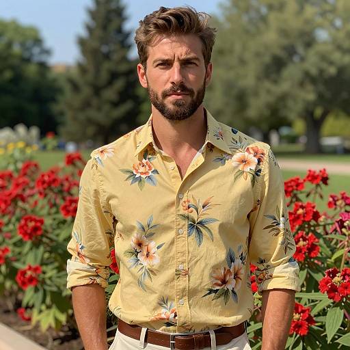 Man in Yellow Floral Shirt in Garden