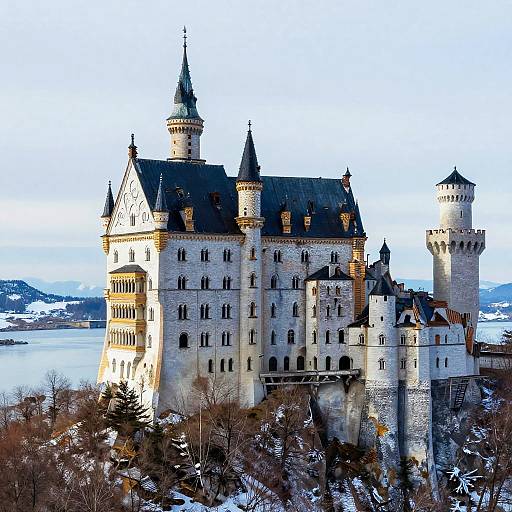 Photograph of Neuschwanstein Castle, a fairy-tale-like, white stone German castle with black roof turrets, surrounded by snowy forest and