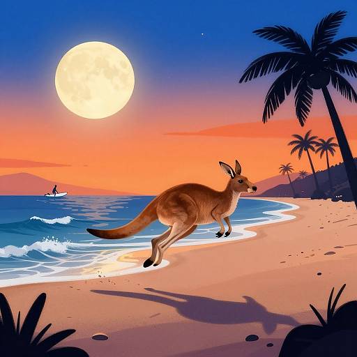 Digital illustration of a kangaroo running on a vibrant sunset beach with palm trees, full moon, and ocean waves.