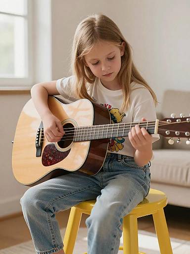 Blonde Girl Practicing Guitar in Cozy Room