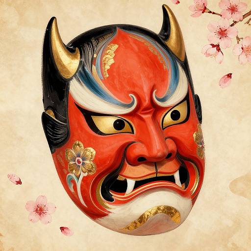 Vibrant, traditional Japanese demon mask with red face, black hair, gold horns, white accents, and floral details, set against a cherry blossom