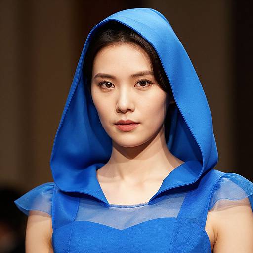 Photograph of a young Asian woman with fair skin, wearing a vibrant blue hooded dress with sheer sleeves, looking directly at the camera against a dark