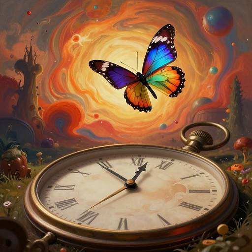 Digital painting: Vibrant butterfly with blue, orange, and black wings hovers above a vintage pocket watch against a swirling, fiery sunset background with surreal