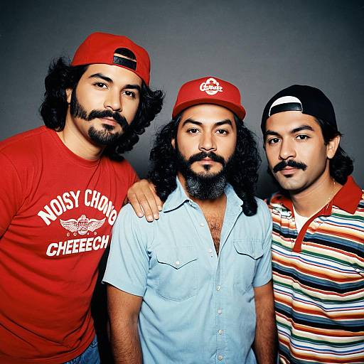 Three men with mustaches and red hats