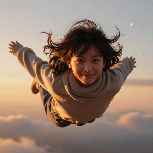 Girl Floating in Sky at Sunset