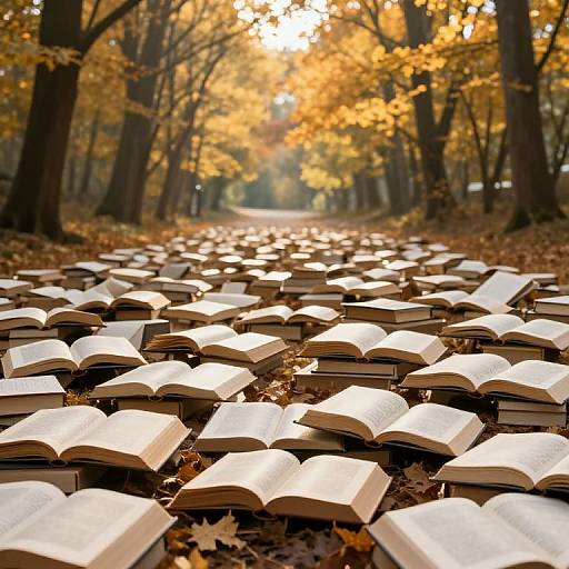 Photograph of numerous open books spread across a forest path in autumn, surrounded by golden-yellow leaves and tall trees.