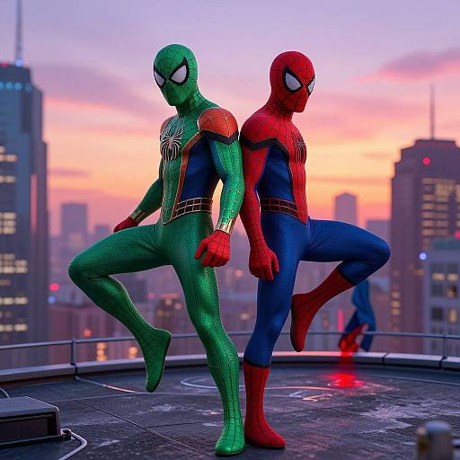 Photorealistic CGI of Spider-Man in green and red suits, back-to-back on rooftop at sunset, city skyline, another Spider-Man in distance.
