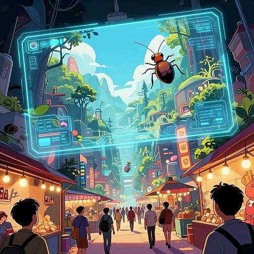 Digital illustration of a vibrant, futuristic market street with glowing holographic overlays, bustling with people, neon lights, and lush greenery.