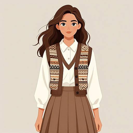 Digital illustration of a young woman with long brown hair, wearing a white shirt, brown patterned vest, and high-waisted brown skirt, standing