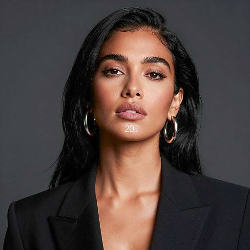 Portrait of Woman in Black Blazer with Silver Hoop Earrings