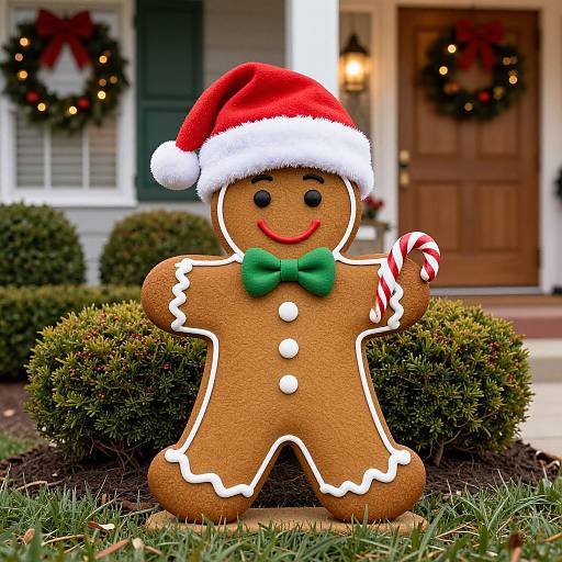 Photograph of a festive gingerbread cookie with a red Santa hat, green bow, white icing, holding a candy cane, in front of a holiday