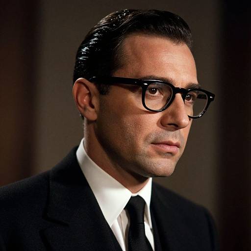 Photograph of a handsome man with slicked-back dark hair, wearing black-rimmed glasses, a black suit, white shirt, and black tie