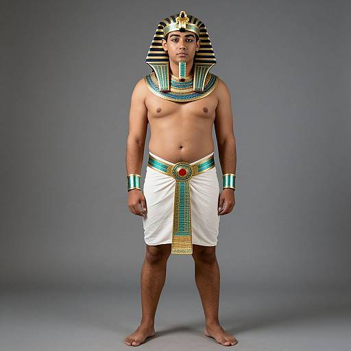 Photograph of a muscular, tan-skinned man in ancient Egyptian attire: striped headdress, turquoise and gold necklace, white loincloth, red