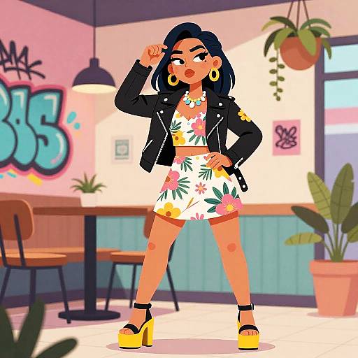 Digital illustration of a confident woman with dark hair, wearing a black jacket, floral crop top and shorts, yellow platform heels, and large gold earrings,