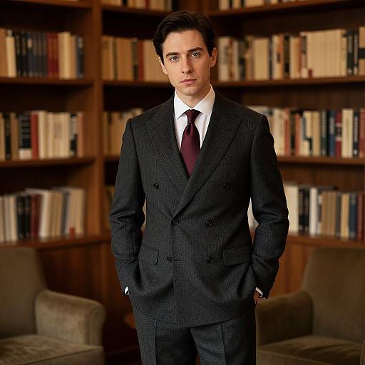 Photograph of a handsome young man with dark hair, wearing a dark pinstripe suit, white shirt, and maroon tie, standing in a