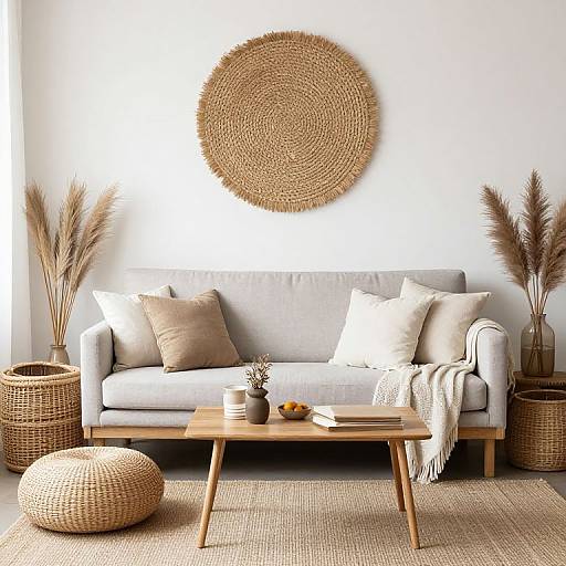 Minimalist living room photograph: light gray couch with beige pillows, wooden coffee table, woven basket pouf, round woven wall art, potted plants