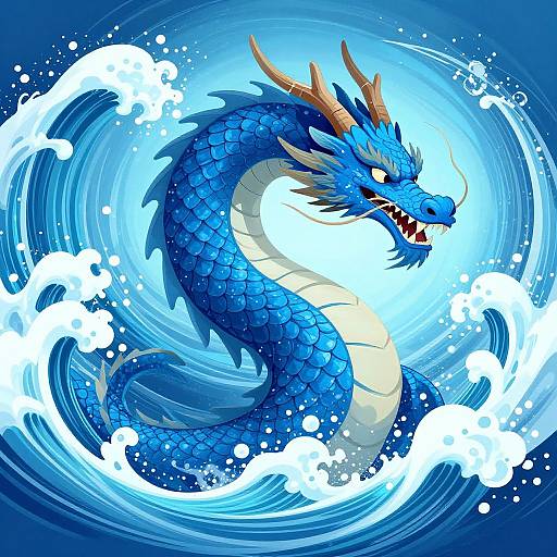Digital illustration of a fierce blue dragon with sharp horns, scales, and white underbelly, surrounded by swirling ocean waves and white foam.