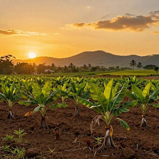 Photograph of a banana plantation at sunset, with vibrant green banana plants in the foreground, orange sky, mountains in the background, and scattered palm trees