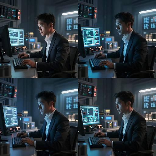 Photograph collage of a focused, dark-haired man in a black suit, white shirt, typing on computer monitors in a dimly lit, high-tech