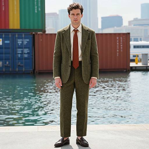 Photograph of a handsome, serious-looking man in a green tweed suit, red tie, and black shoes, standing on a dock with colorful shipping