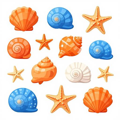 Digital illustration of colorful seashells and starfish: orange scallop, blue snail shells, white spiral shell, orange starfish, set against
