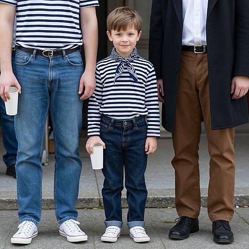Photograph of a young boy with brown hair, wearing a striped shirt and blue jeans, standing between two adults in formal attire, holding a white cup