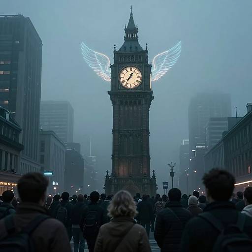 Photograph of London's Big Ben clock tower with glowing blue angel wings, surrounded by a foggy urban street, crowded with people in dark winter coats