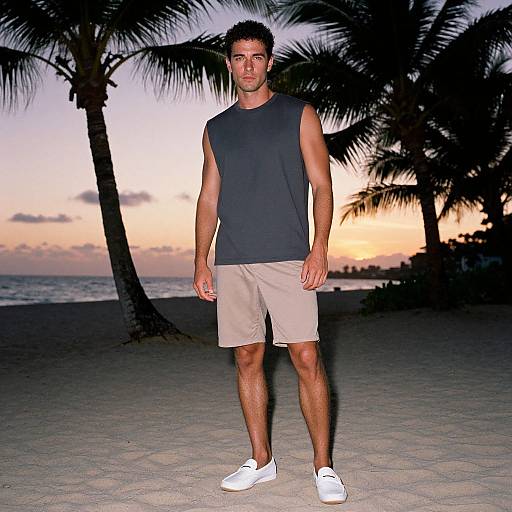 Photograph of a tall, muscular man with short dark hair in a black sleeveless shirt, beige shorts, and white sneakers, standing on a beach
