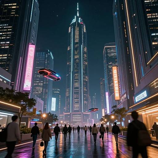Neon-lit futuristic cityscape at night, bustling with pedestrians, high-rise buildings, glowing signs, flying cars, and reflective wet streets. Digital