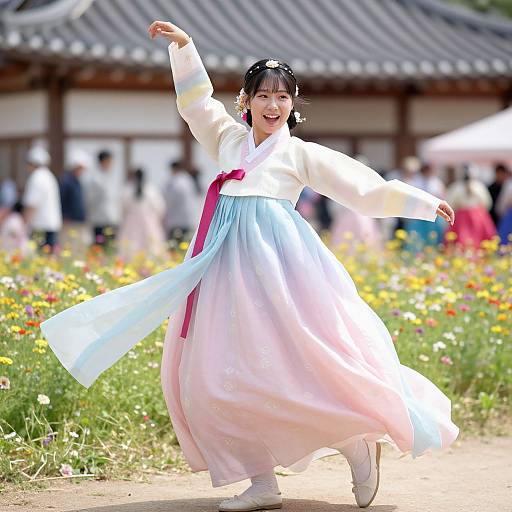 Photograph of a joyful Korean woman in traditional hanbok, white and pink, dancing outdoors in a vibrant flower field, with a traditional wooden house