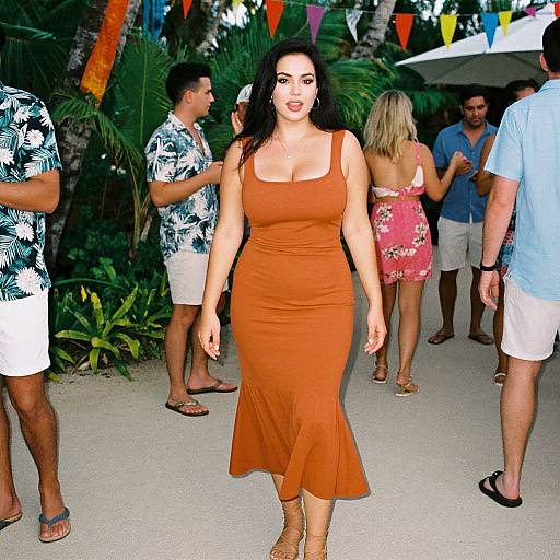 Photograph of a curvy woman with long black hair, wearing an orange, sleeveless, midi dress, walking confidently among a group of casually dressed