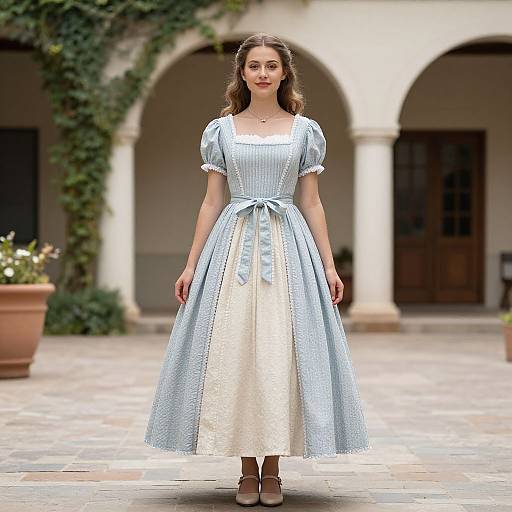 Photograph of a young woman with wavy brown hair, wearing a blue and white striped, puffed-sleeve, full-skirted dress