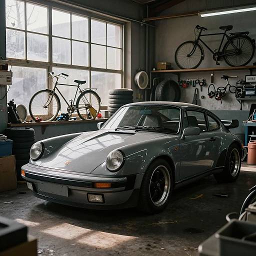 Photograph of a silver vintage Porsche sports car in a sunlit, cluttered garage with two bicycles on the wall and windows.