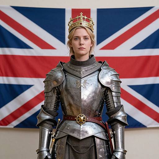 Photograph of a young blonde woman with fair skin, wearing medieval silver armor and a golden crown, standing in front of a British flag. Her expression