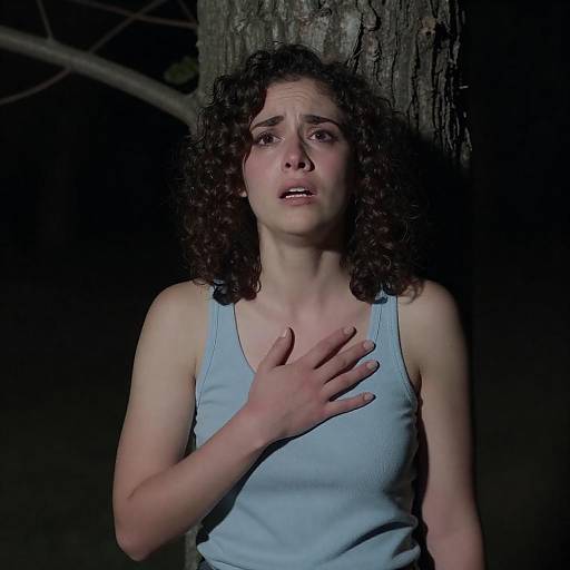 Fearful Curly-Haired Woman at Night