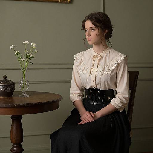 Photograph of a young woman with fair skin, brown hair, and lace-collared cream blouse, sitting by a wooden table with white flowers and