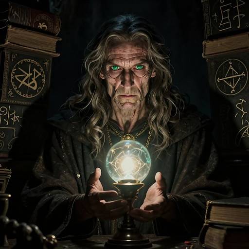 Mysterious old wizard with long gray hair, piercing green eyes, dark robe, holding glowing crystal lamp, surrounded by occult books. Photograph.