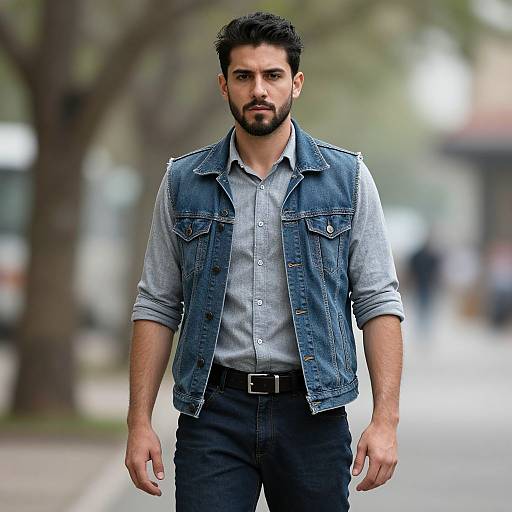 Photograph of a handsome bearded man with dark hair, wearing a blue denim vest over a gray shirt and black pants, standing confidently on a blurred