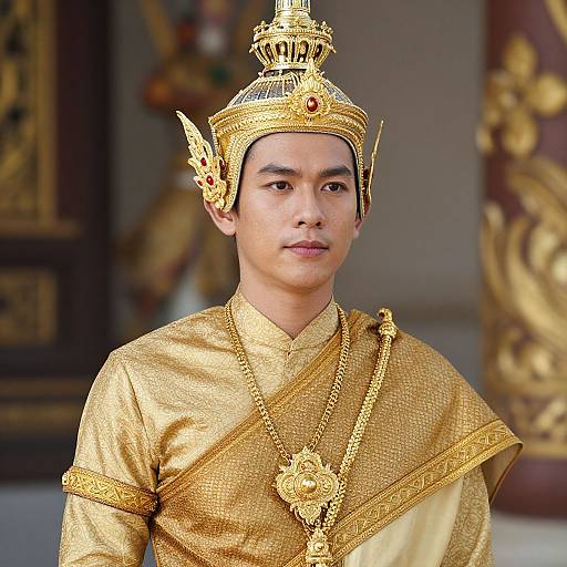 Photograph of a young Asian male in traditional Thai royal attire, wearing a gold embroidered shirt, intricate crown, and necklace, standing in a ornately