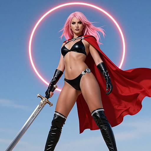 Digital artwork of a pink-haired woman in black bikini, red cape, and thigh-high boots, holding a sword, with a neon ring behind her against