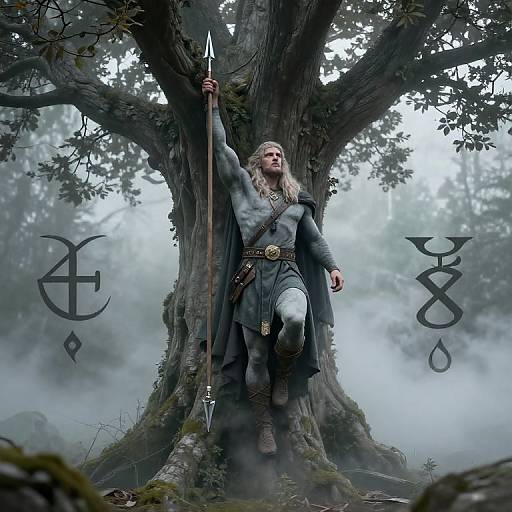 Photograph of a muscular, long-haired Viking warrior with gray beard, wearing gray tunic and cloak, standing tall against a large tree, holding a