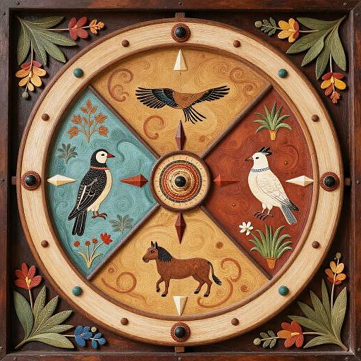 Colorful wooden circular design featuring birds, a deer, and floral patterns in blue, yellow, and red quarters, adorned with leaves.