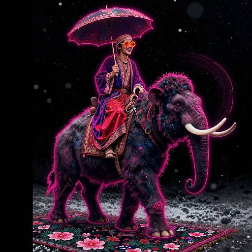 Digital artwork of a man in royal attire riding a glowing, magenta-lit elephant with white tusks, holding a matching umbrella, against a star