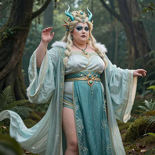 Photograph of a plus-sized woman in an elaborate fantasy costume with blue horns, white and teal robes, forest background.