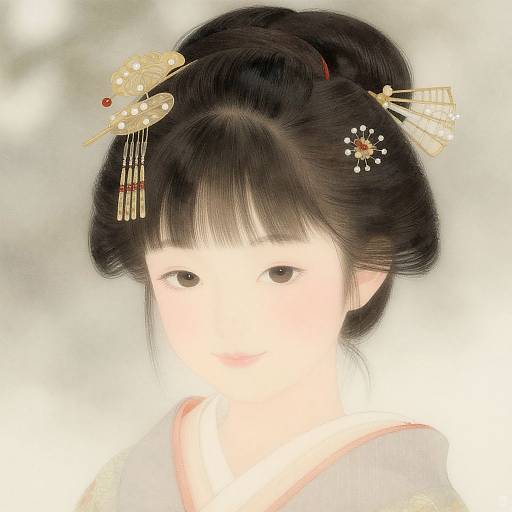 Digital illustration of a young Japanese woman with black hair in an elaborate updo, adorned with gold and white hairpins, wearing a white kimono,