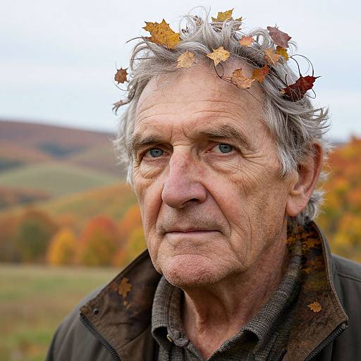 Photograph of an elderly man with gray hair, scattered autumn leaves in his hair, wearing a dark jacket over a brown shirt, set against a colorful
