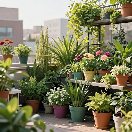 Photograph of a sunlit balcony garden with colorful potted plants, including green leaves, red, pink, and white flowers, arranged on shelves and