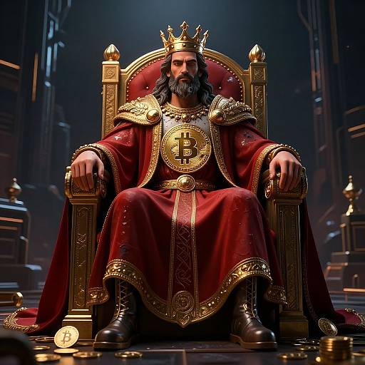 Digital art of a bearded king with a crown, wearing a gold and red regal robe with a Bitcoin emblem, seated on a grand throne in