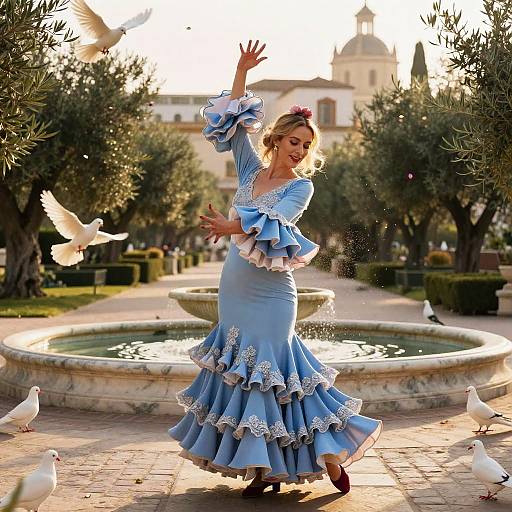 Photograph of a blonde woman in a blue, ruffled dress dancing in a sunlit garden with pigeons and a fountain, background includes olive trees