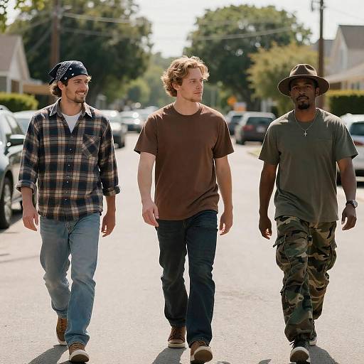 Three Men Walking on Sunny Suburban Street